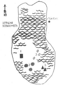 Озеро Рок. Цифрами обозначены подводные сооружения
